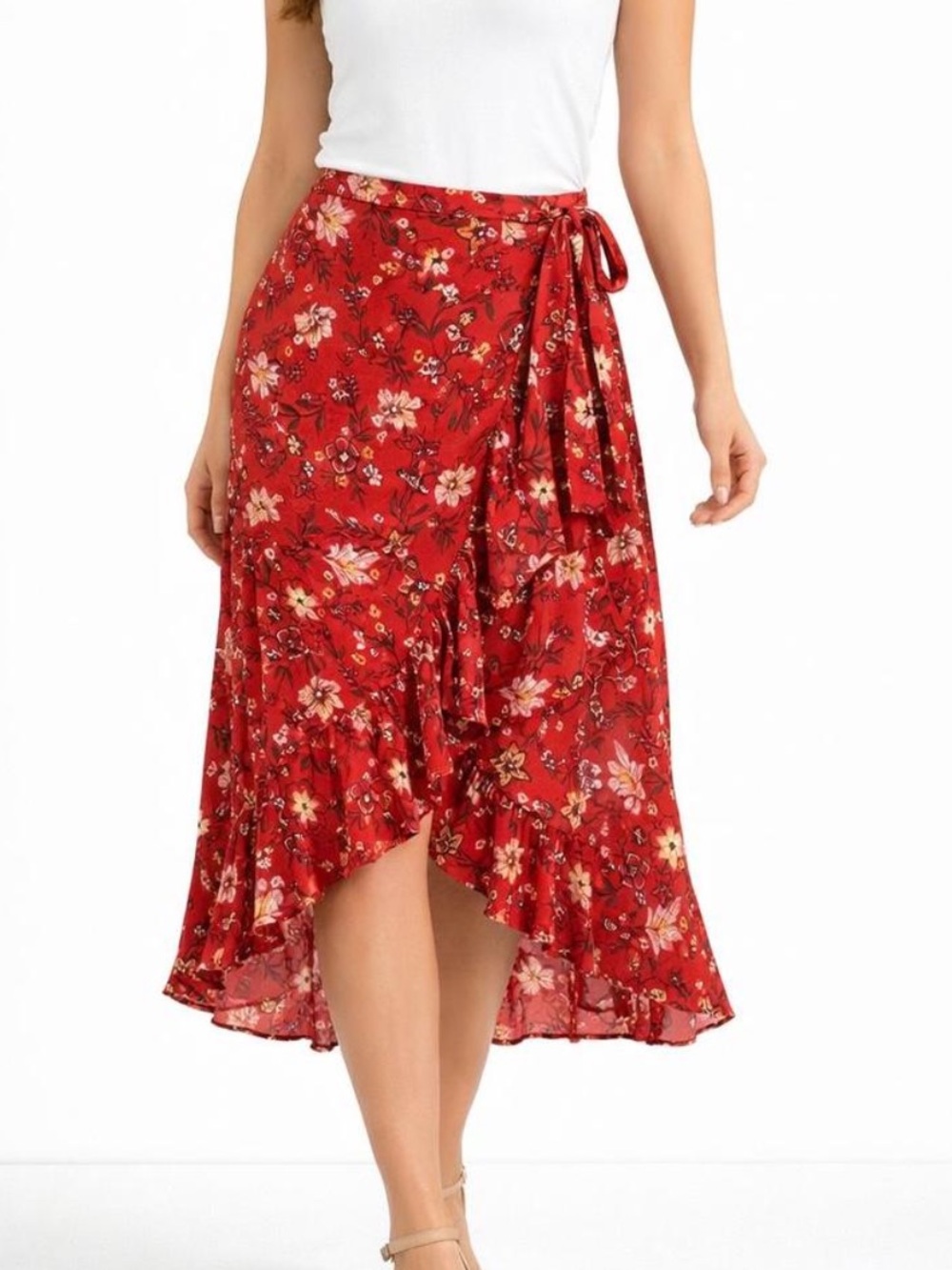 Shyanne Red Floral Wrap Skirt High Low Ruffle Boho Western Festival XL
